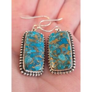 Turquoise Dangle Sterling Earrings Rectangular Copper Infusion